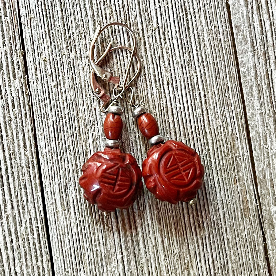 Stylish Fortune Stone Earrings made from carved red jasper and black onyx, a perfect gift for good fortune.