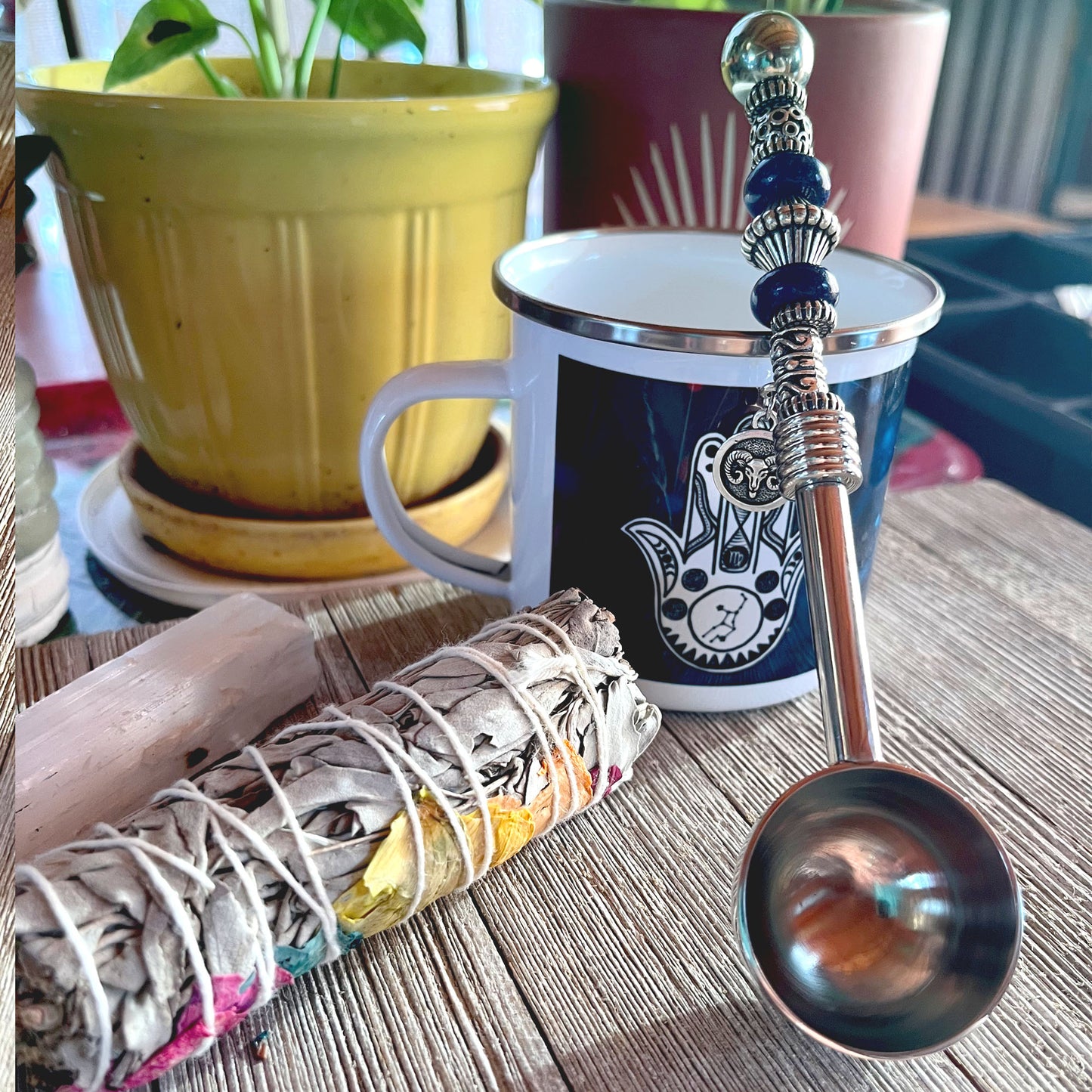 Astro Bowl Spoon featuring an enchanting zodiac charm and a focus stone handle, ideal for tea lovers who appreciate astrology.
