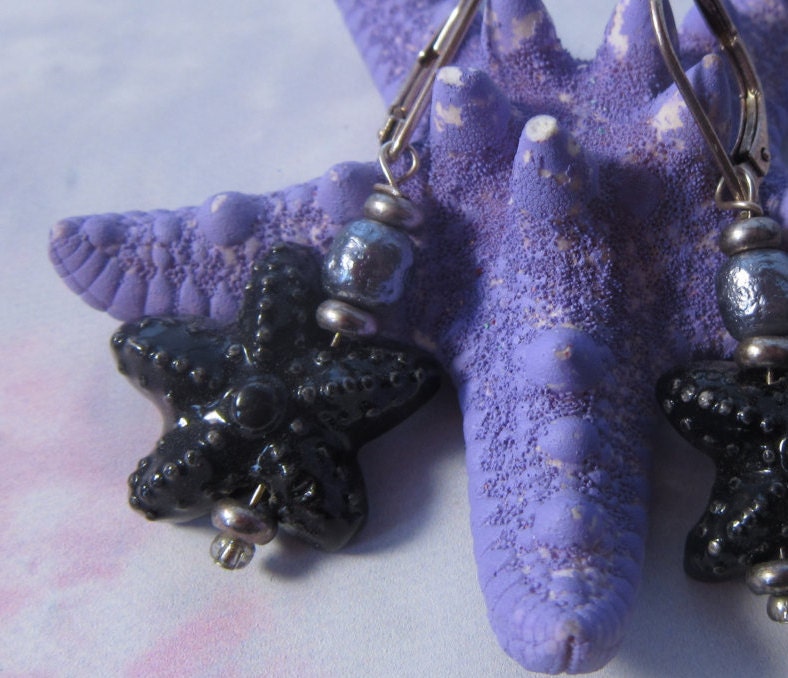 Close-up of STARFISH SEA EARRING showcasing its intricate hand-painted design and beautiful freshwater pearl, ideal for gifting.