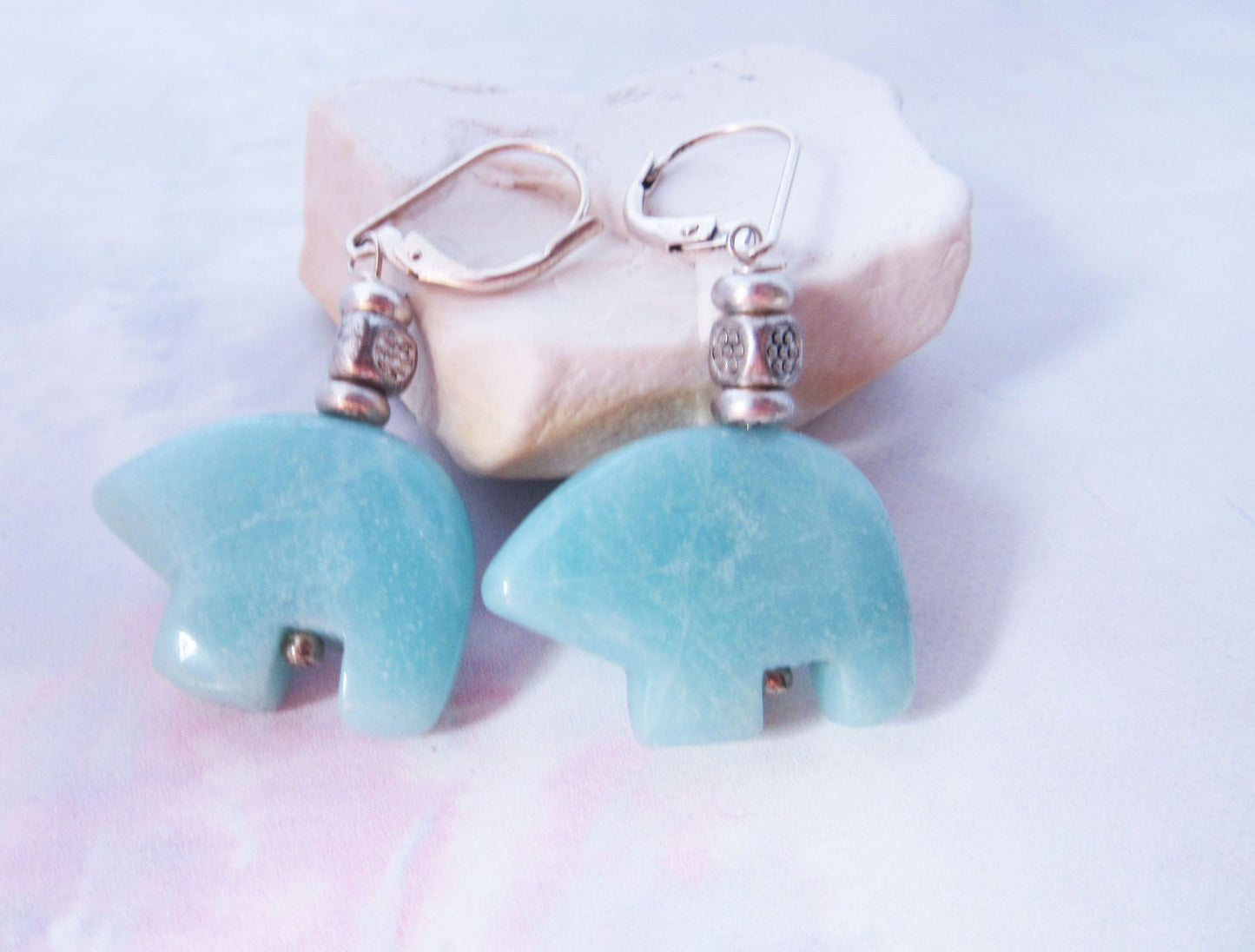 Sky Blue Bear Earrings - Zuni Style Amazonite Earrings featuring sky blue stones on sterling silver lever backs, perfect for stylish ear jewelry.