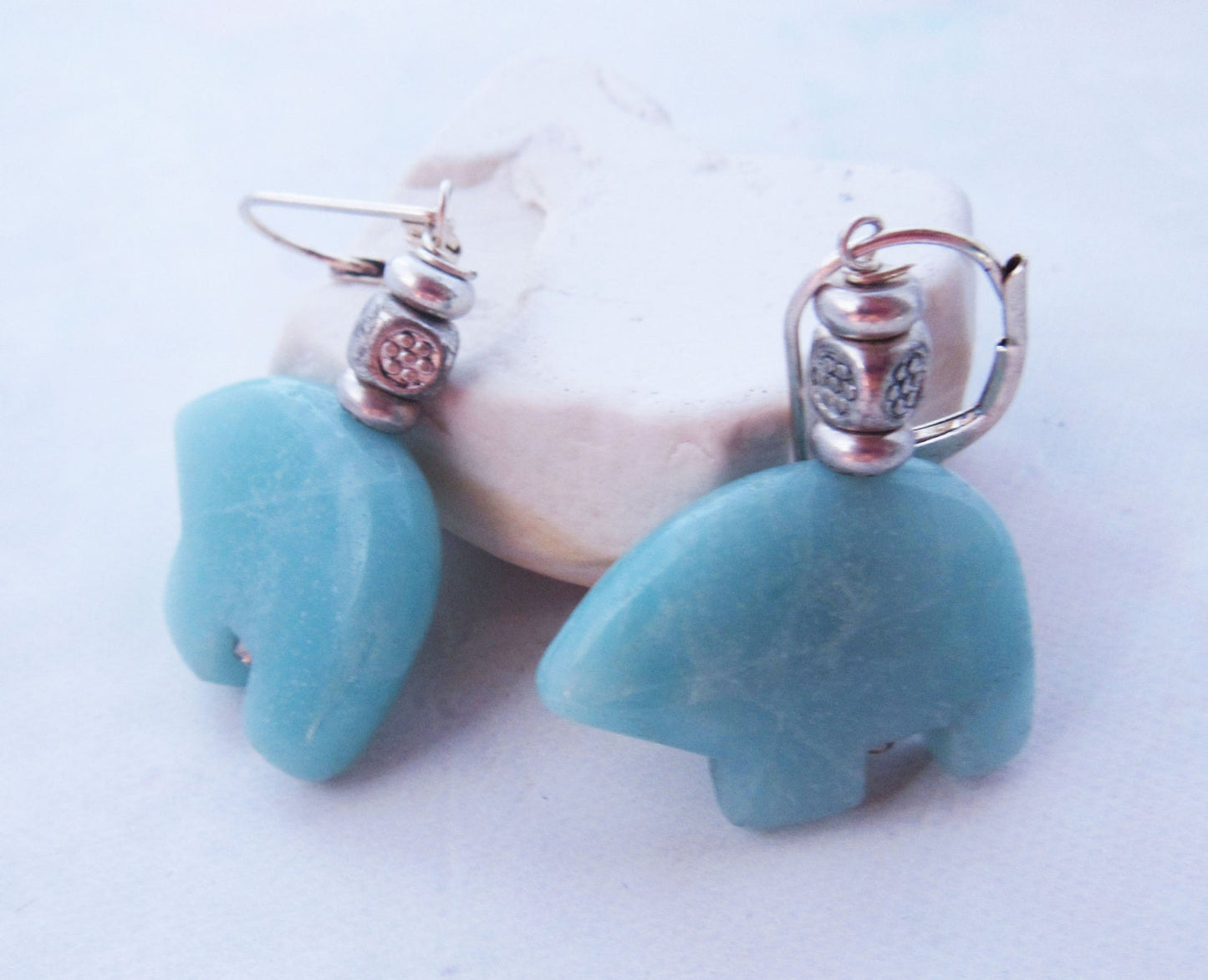 Close-up of Sky Blue Bear Earrings - Zuni Style Amazonite Earrings showcasing the vibrant blue color and bead accents, ideal for animal-themed jewelry lovers.
