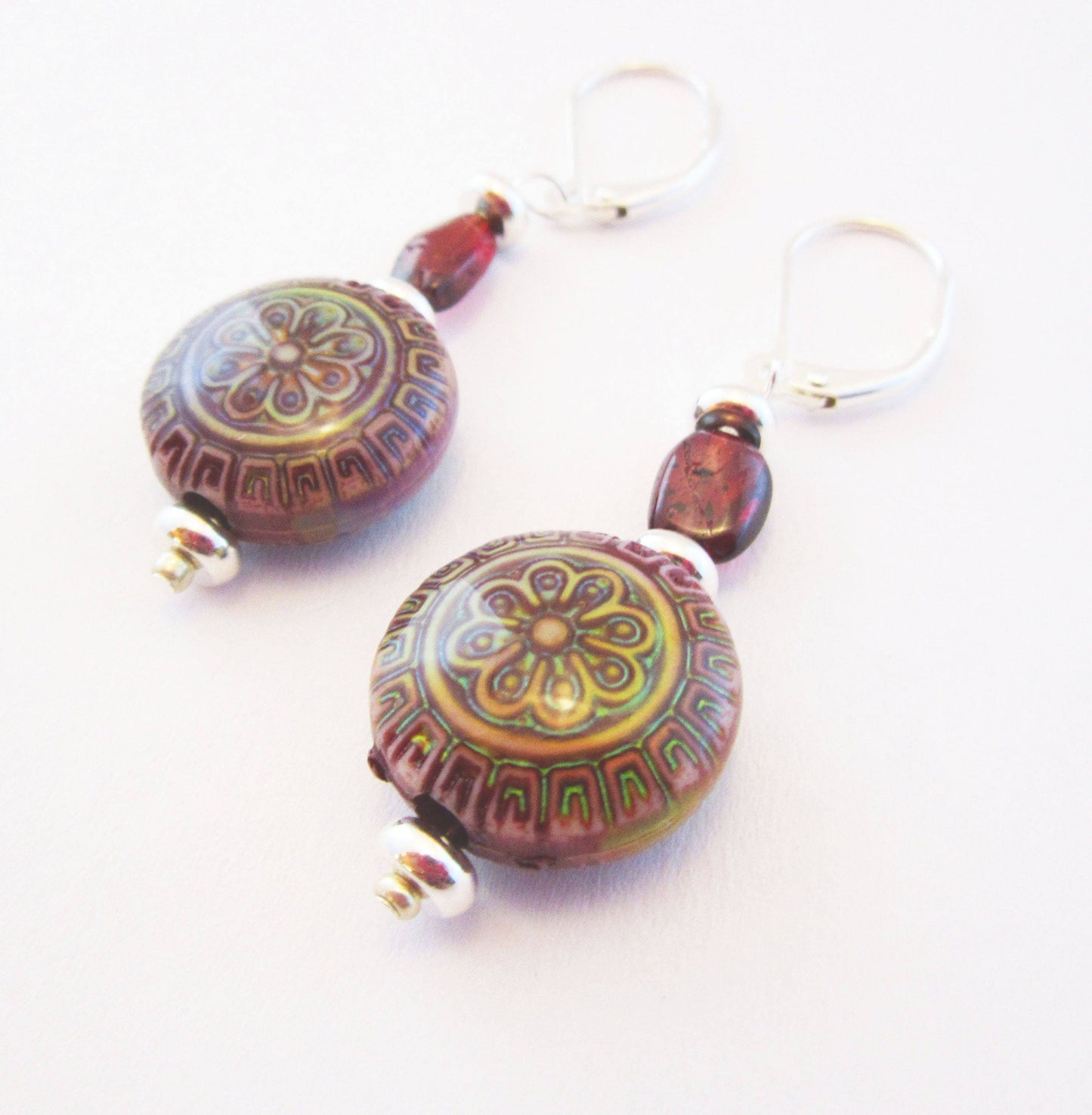 Artisan-crafted Magic Mandala and Garnet Jewelry Set, featuring mood bead earrings and a necklace, ideal for relaxation and mindfulness.