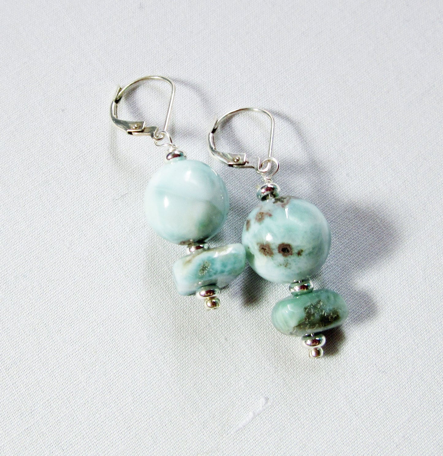 Larimar Earrings featuring sky blue Dominican Larimar, Boho style circle genuine stone jewelry, perfect for beach or tropical vacation gifts.