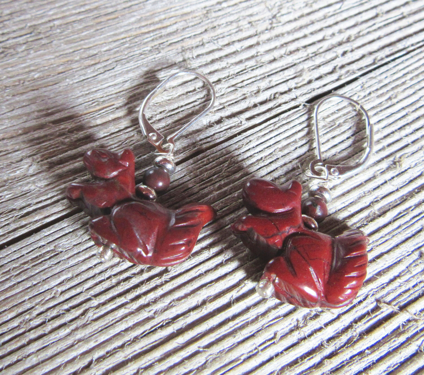 Squirrel Earrings featuring carved stone animal jewelry made of hematite and red jasper, ideal gift for squirrel lovers.