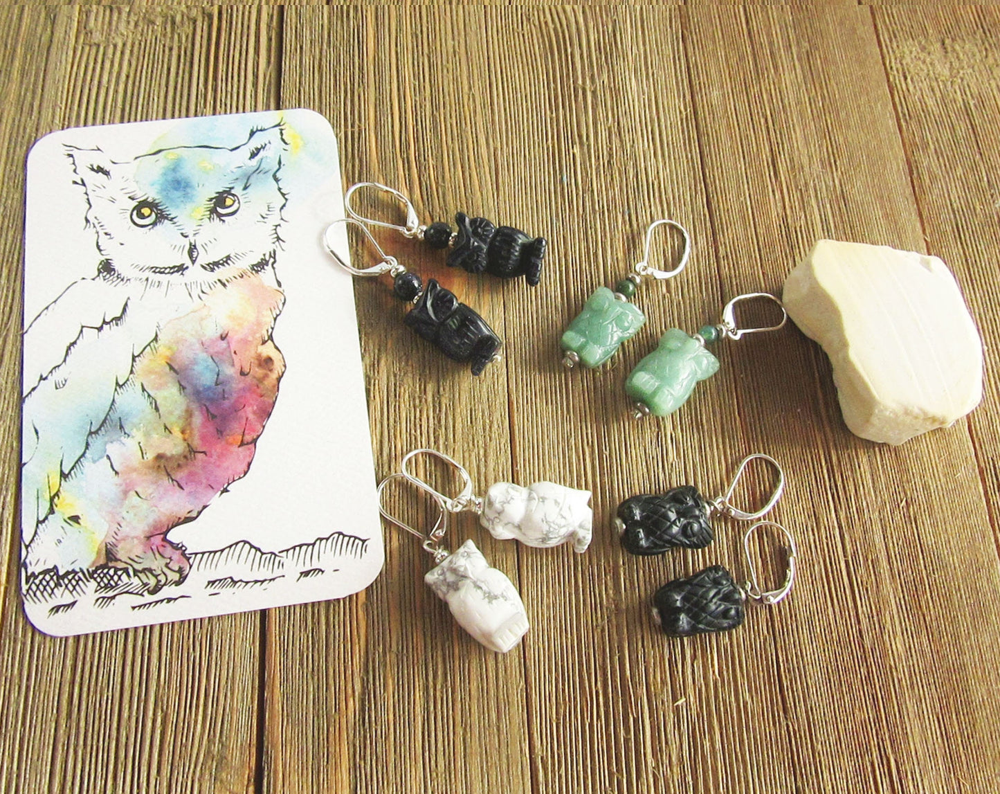 Owl Lover Gift - Woodland Earrings made from natural stones, ideal animal jewelry for birders.