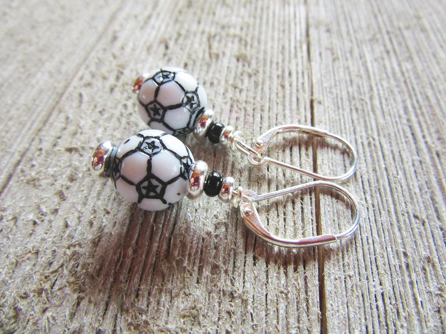 Soccer Ball Earrings displayed on a white background - Soccer Sport Earring - Sport Ball Earrings by Enlivenadorn by Gwynstone.