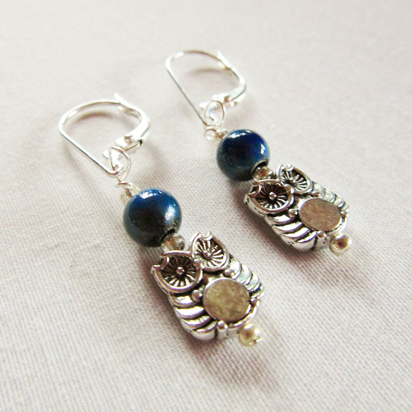 Color changing mood bead jewelry Woodland Owl Earrings, perfect nature lover gift featuring intricate design with sterling silver lever backs.