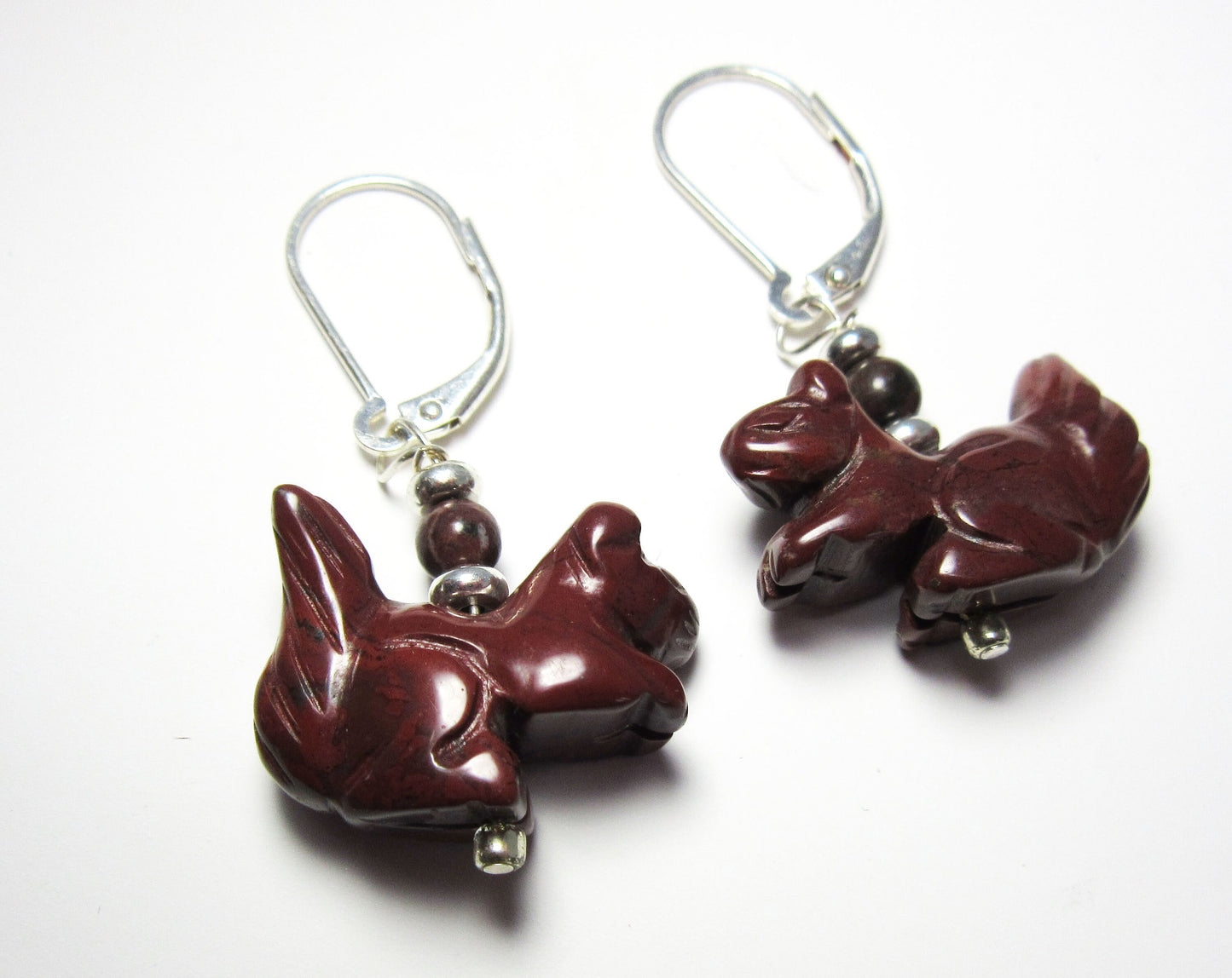Squirrel Earrings featuring carved stone animal jewelry in hematite and red jasper, ideal gift for squirrel lovers.