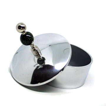 Stainless Steel Trinket Box with Blue Foil Heart Glass Bead, a romantic gift for her, perfect unique desk decor or housewarming gift.
