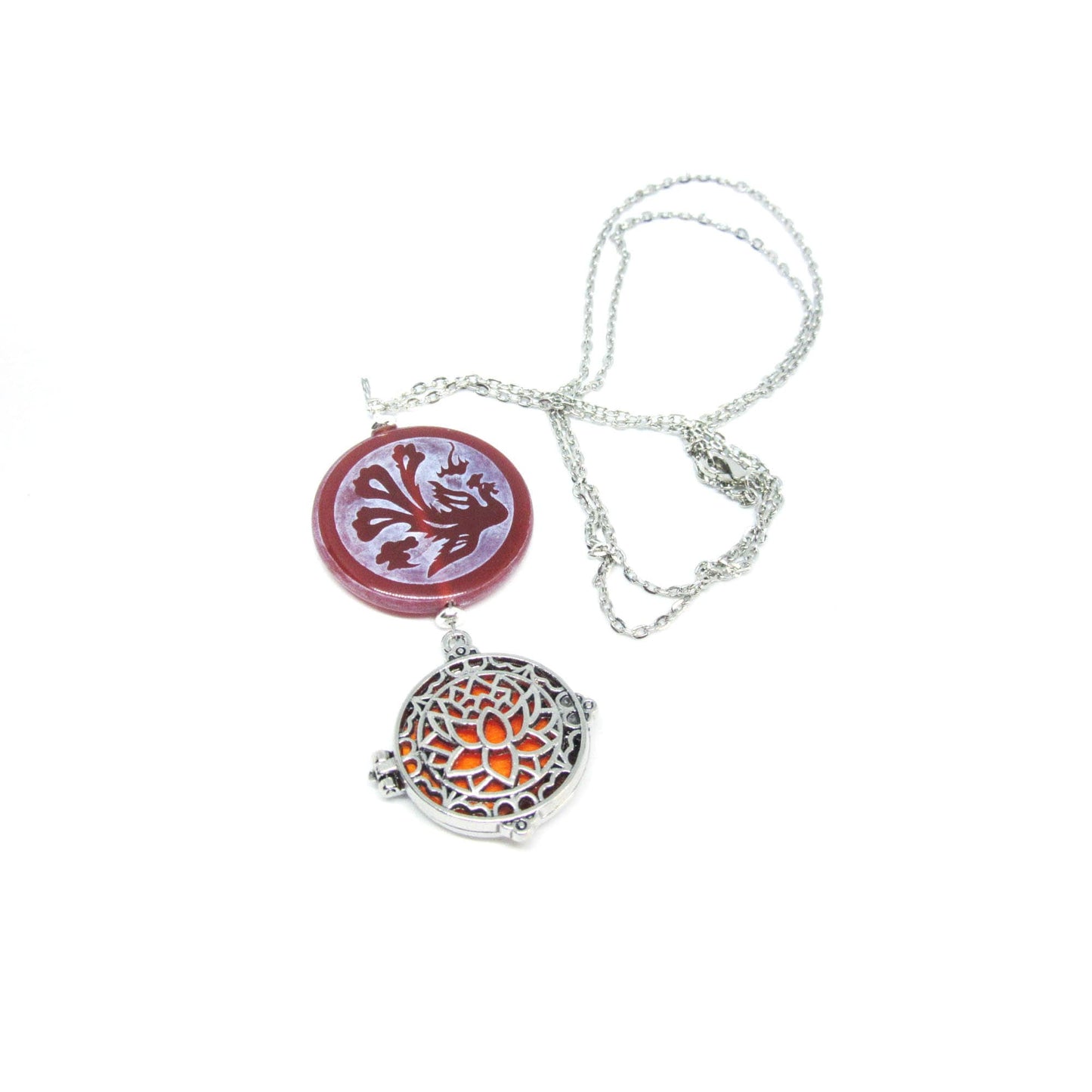 Peacock and Dragon Etched Carnelian Jewelry worn as a necklace, highlighting its color-changing properties.