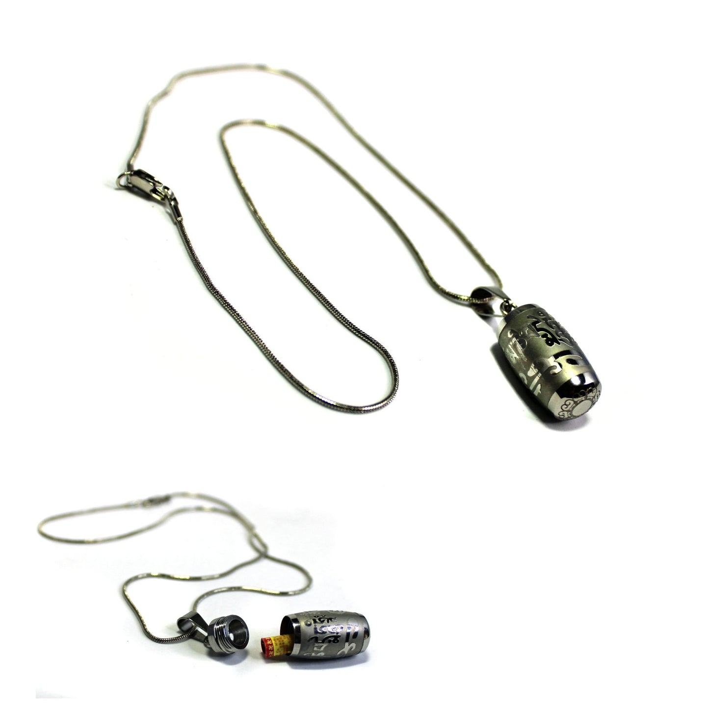 The Silver Prayer Box Necklace features a cylindrical pendant with a secret chamber for small notes or essential oils. This Zen jewelry piece, engraved and set against a white background, is perfect as unique meditation jewelry.