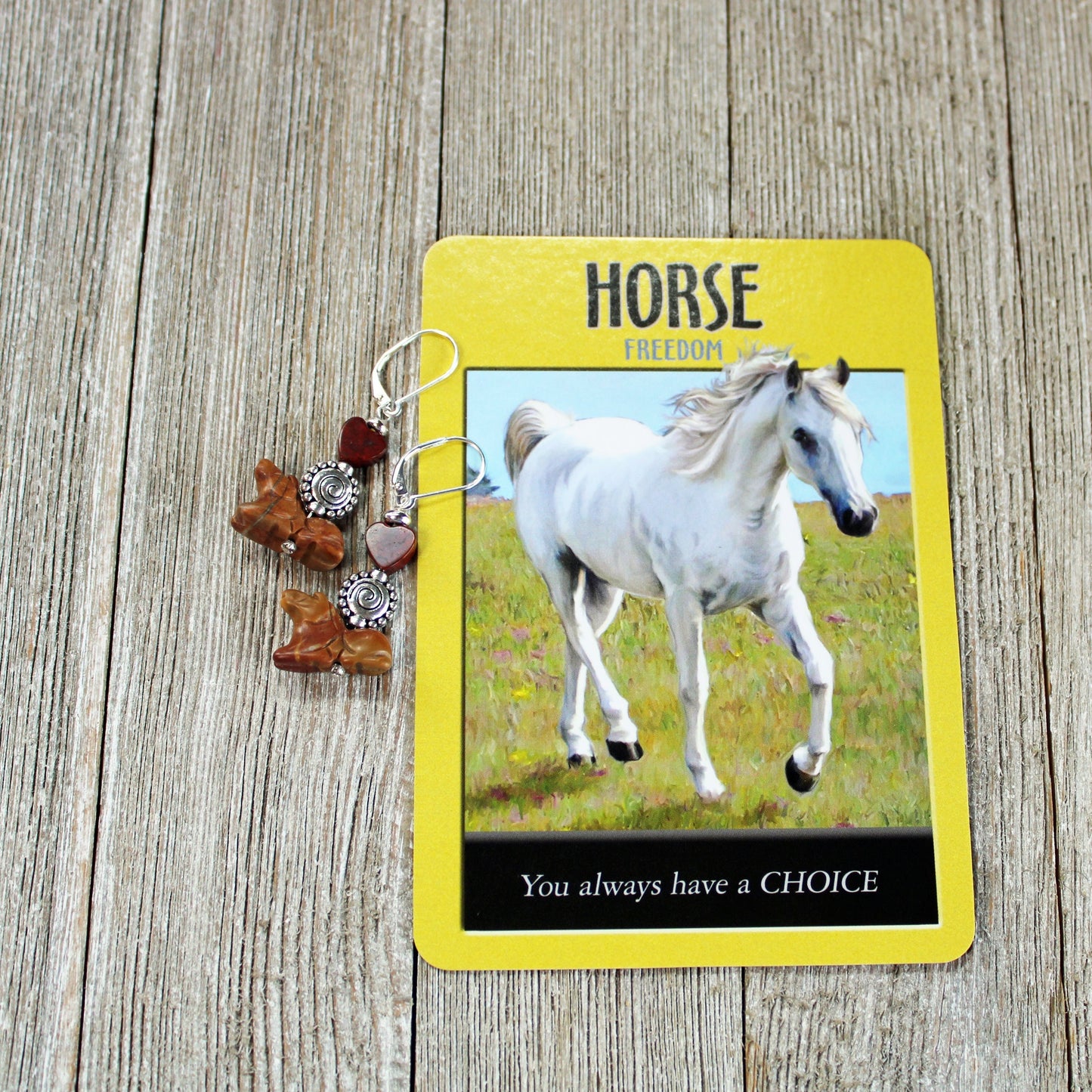 Horse Jewelry for Woman - detail of natural jasper pony earrings emphasizing intricate craftsmanship and sterling silver features.