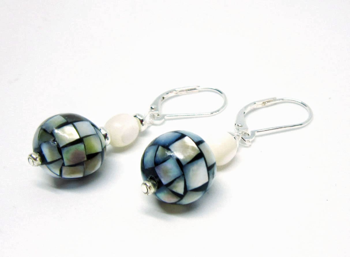 Stylish display of Classic Mosaic Mother of Pearl Orb Earrings highlighting the mosaic pattern and elegant design, ideal for any occasion.