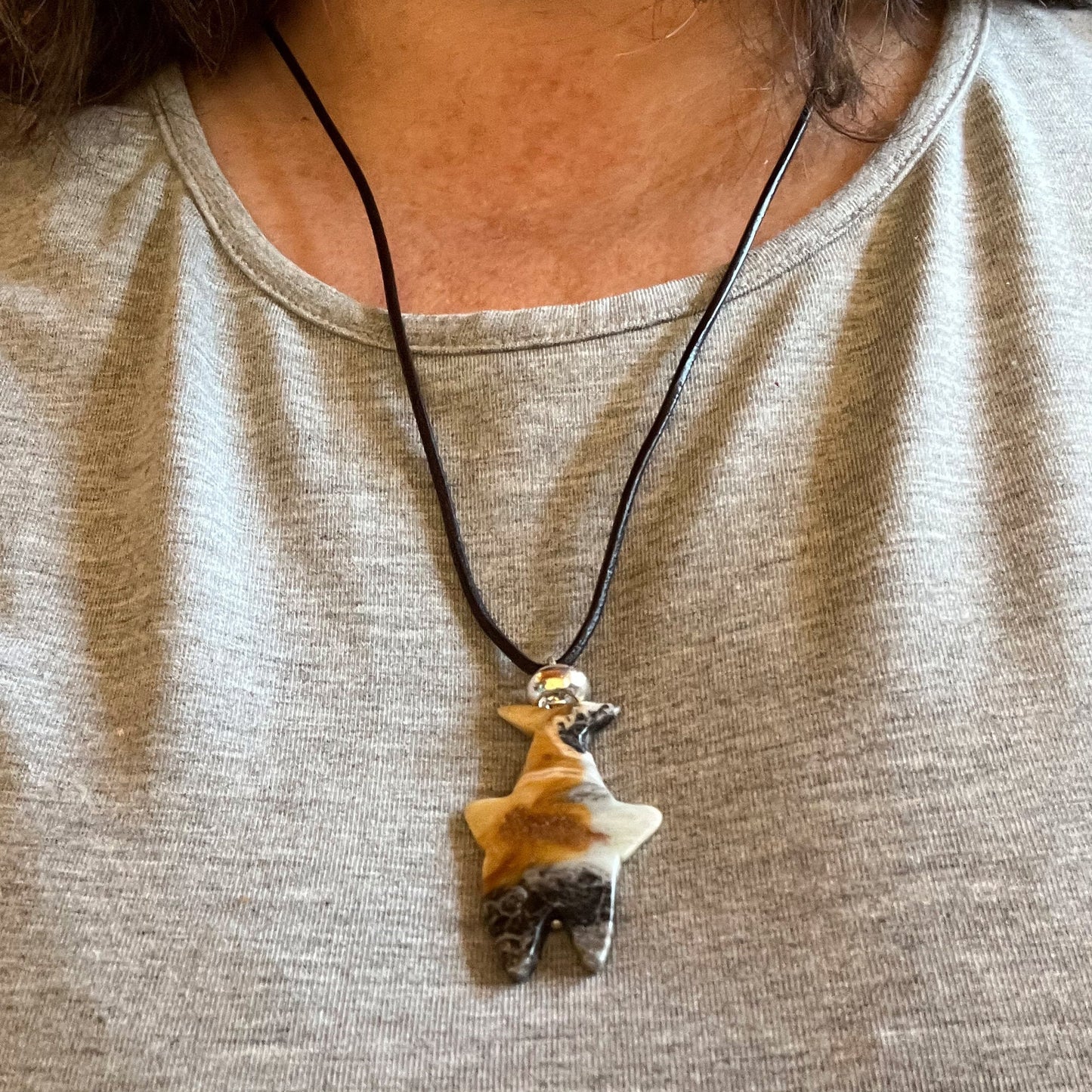 Shark Pendant Carved Amazonite Necklace displayed in a gift box, highlighting its handmade quality from Enlivenadorn by Gwynstone.