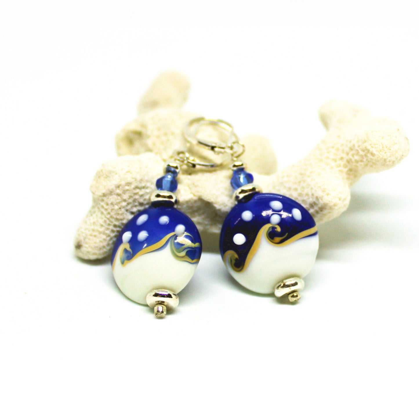 Ocean Wave Earrings say Hello - beautiful lamp worked glass earrings featuring blue and white swirls, perfect gift for ocean lovers.