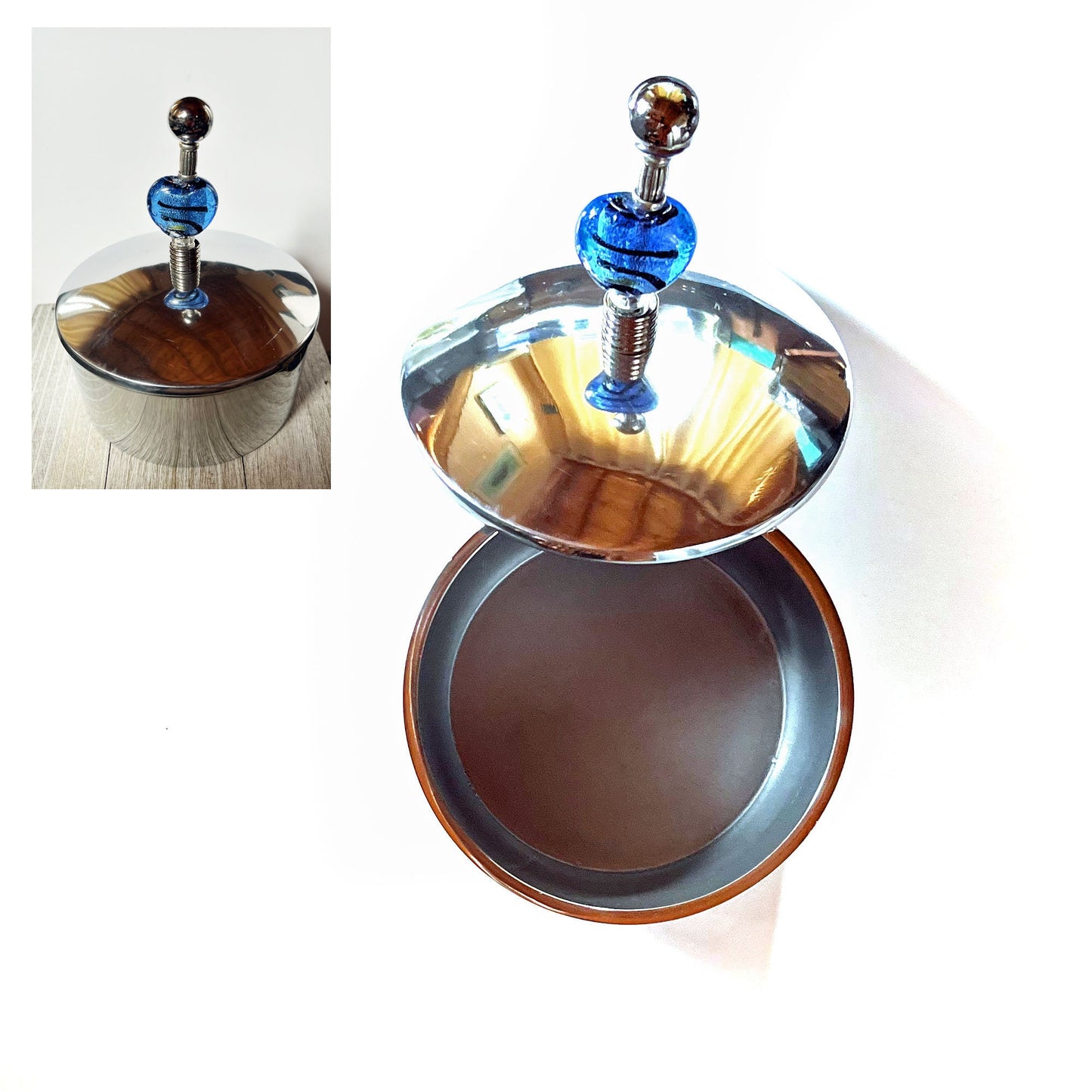 Elegant Stainless Steel Trinket Box featuring Blue Foil Heart Glass Bead - Ideal Romantic Gift for Her - Decorative Desk Accessory