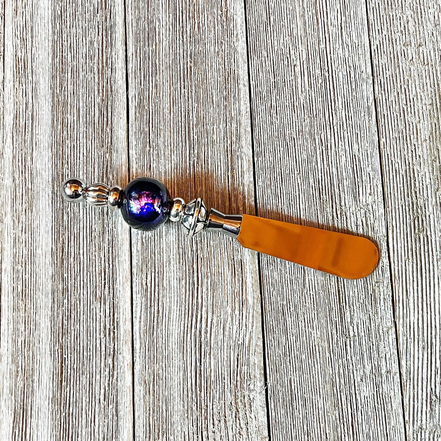 Beaded Handle Cheese Serving Knife - Unique Mother's Day Gift - Handmade Silvertone Kitchen Accessory showcasing its elegant design and beautiful beaded handle.