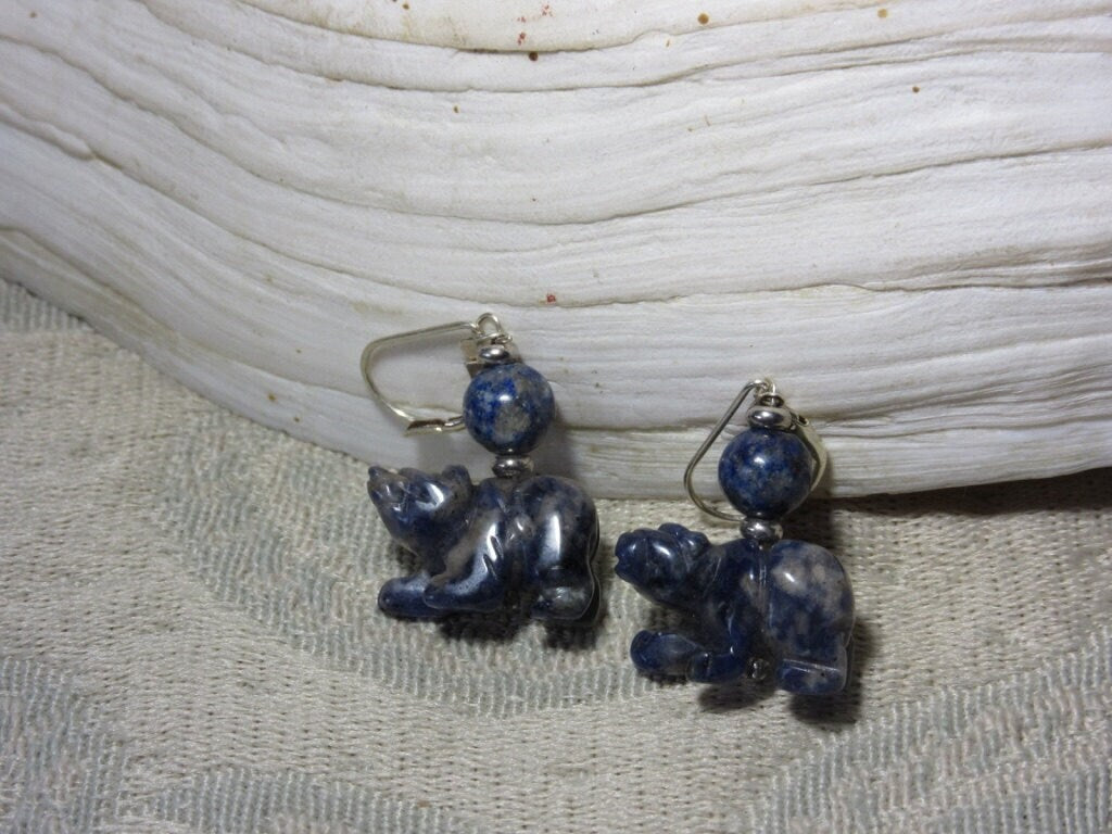 Handcrafted sodalite bear earrings, perfect gift for bear totem enthusiasts, featuring intricate details and soothing sodalite stones.
