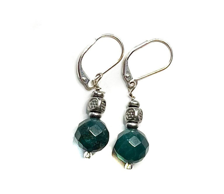 Teal Fancy Jasper Earrings featuring minimalist design with faceted teal gemstones, artisan crafted in sterling silver, symbolizing power and elegance.