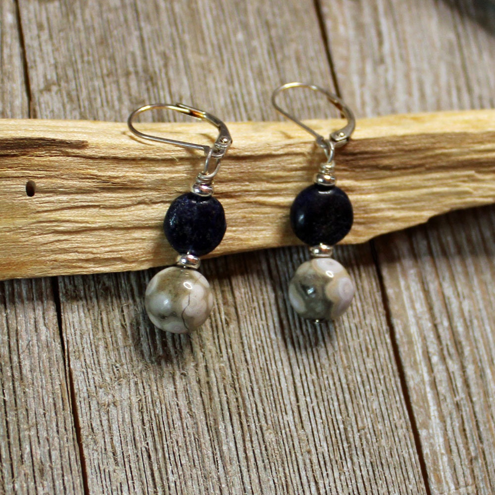 Artisan-crafted Rare Orbicular Jasper and Lapis Lazuli earrings, showcasing a spiritual connection and minimalist zen aesthetic in a beautiful design.