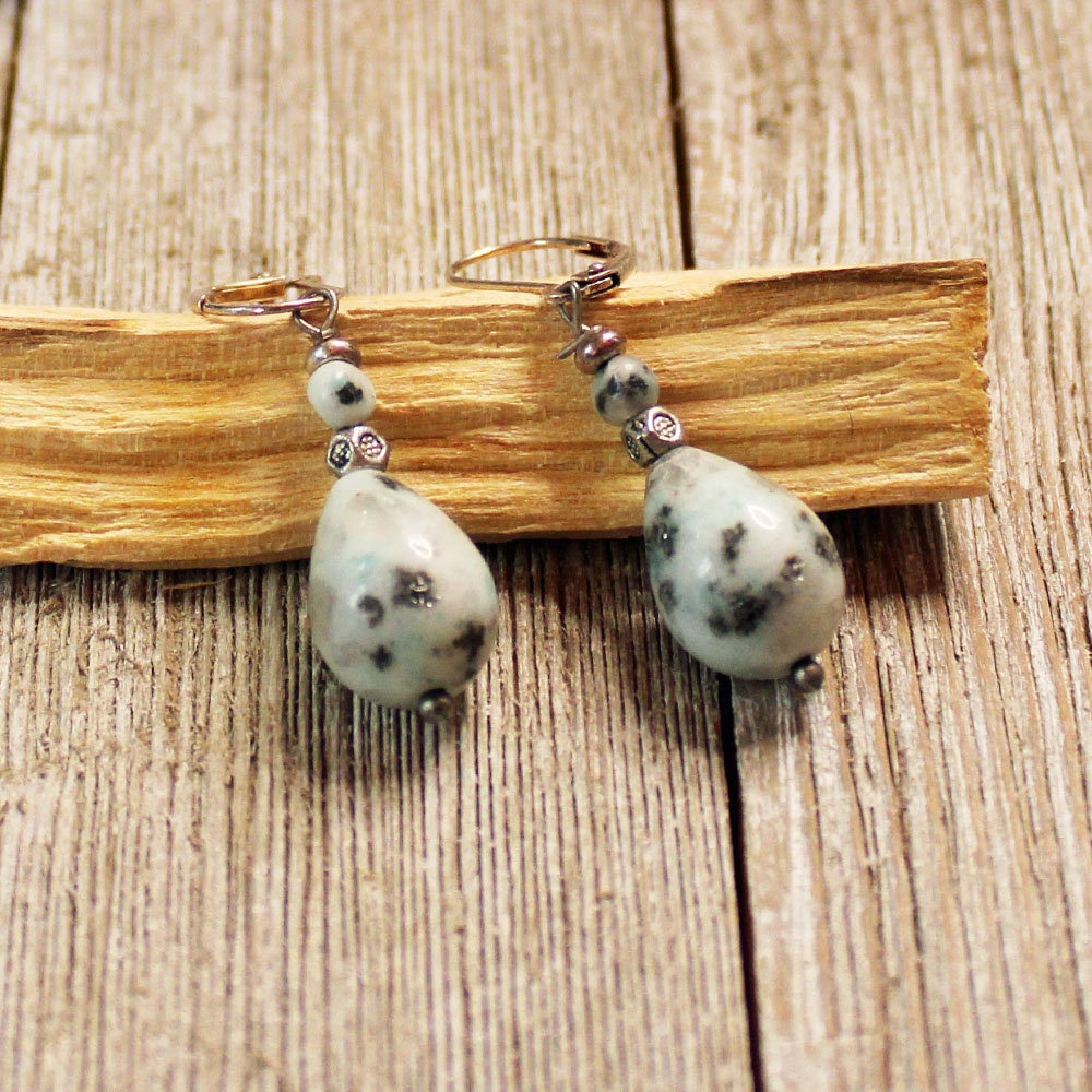 Teardrop Earrings - sesame jasper minimalist jewelry featuring mint jasper with black tourmaline in a boho style, showcasing sacred geometry.