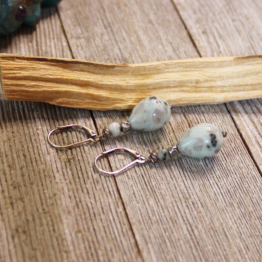 Teardrop Earrings featuring sesame jasper minimalist jewelry, artisan designed with mint jasper and black tourmaline, showcasing boho style and sacred geometry.