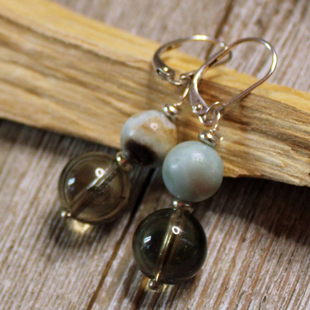 Sacred Geometry Larimar and Smokey Quartz Earrings showcasing their elegant design, perfect for everyday wear.