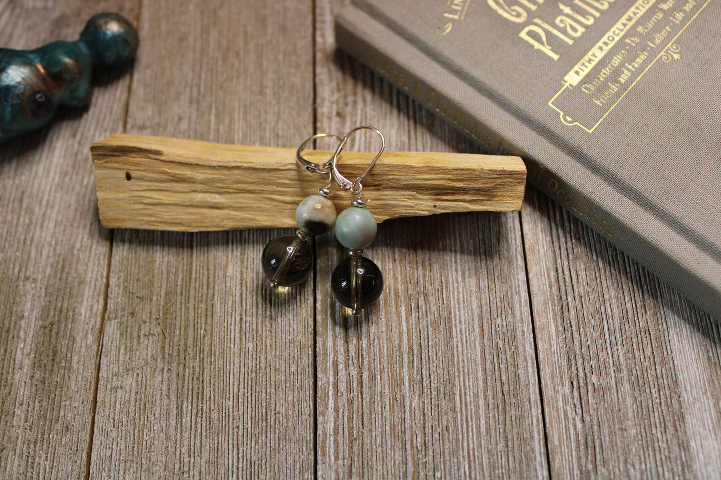 Close-up view of Sacred Geometry Larimar and Smokey Quartz Earrings highlighting the craftsmanship and 925 Sterling Silver.