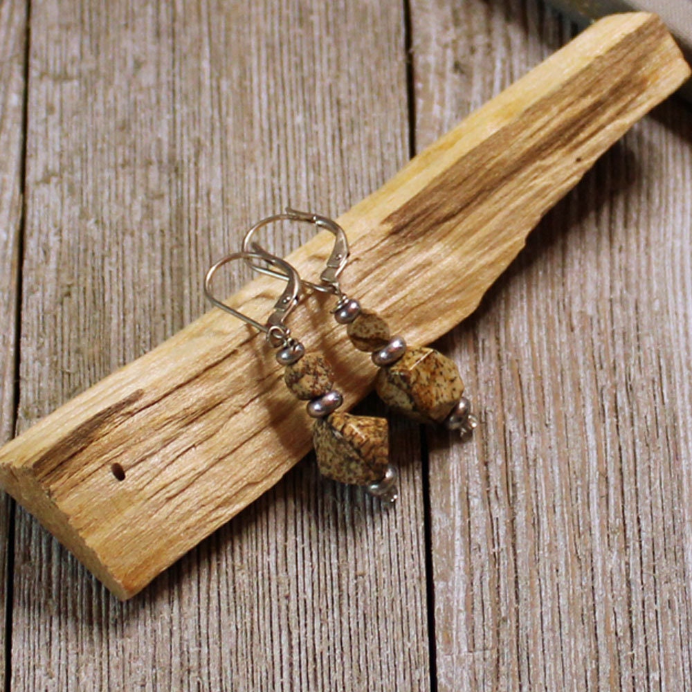 Elegant Tan Jasper Earrings - Jewelry Gift for Minimalist showcasing sacred geometry and a metaphysical zen aesthetic.