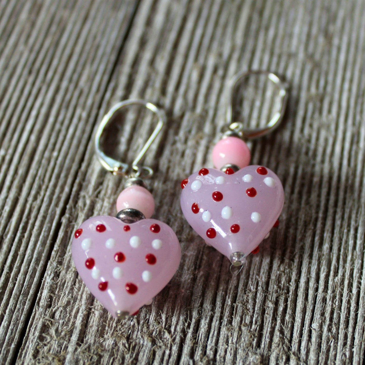 Heart Earrings - Tell her she has your heart, large pink and red lampwork dangle earrings perfect for your love.