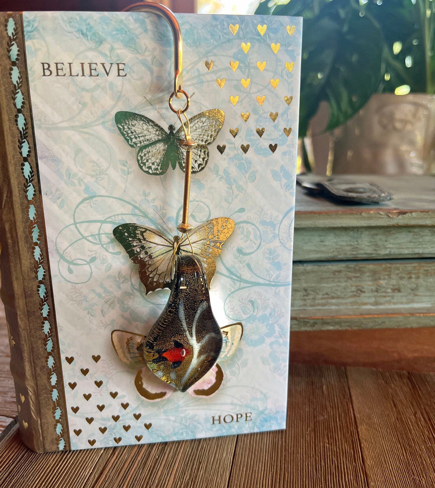 Elegant Gold and Brown Art Glass Hook Bookmark - Unique Gift for Book Lovers, a librarian gift that will make them smile, unusual and useful