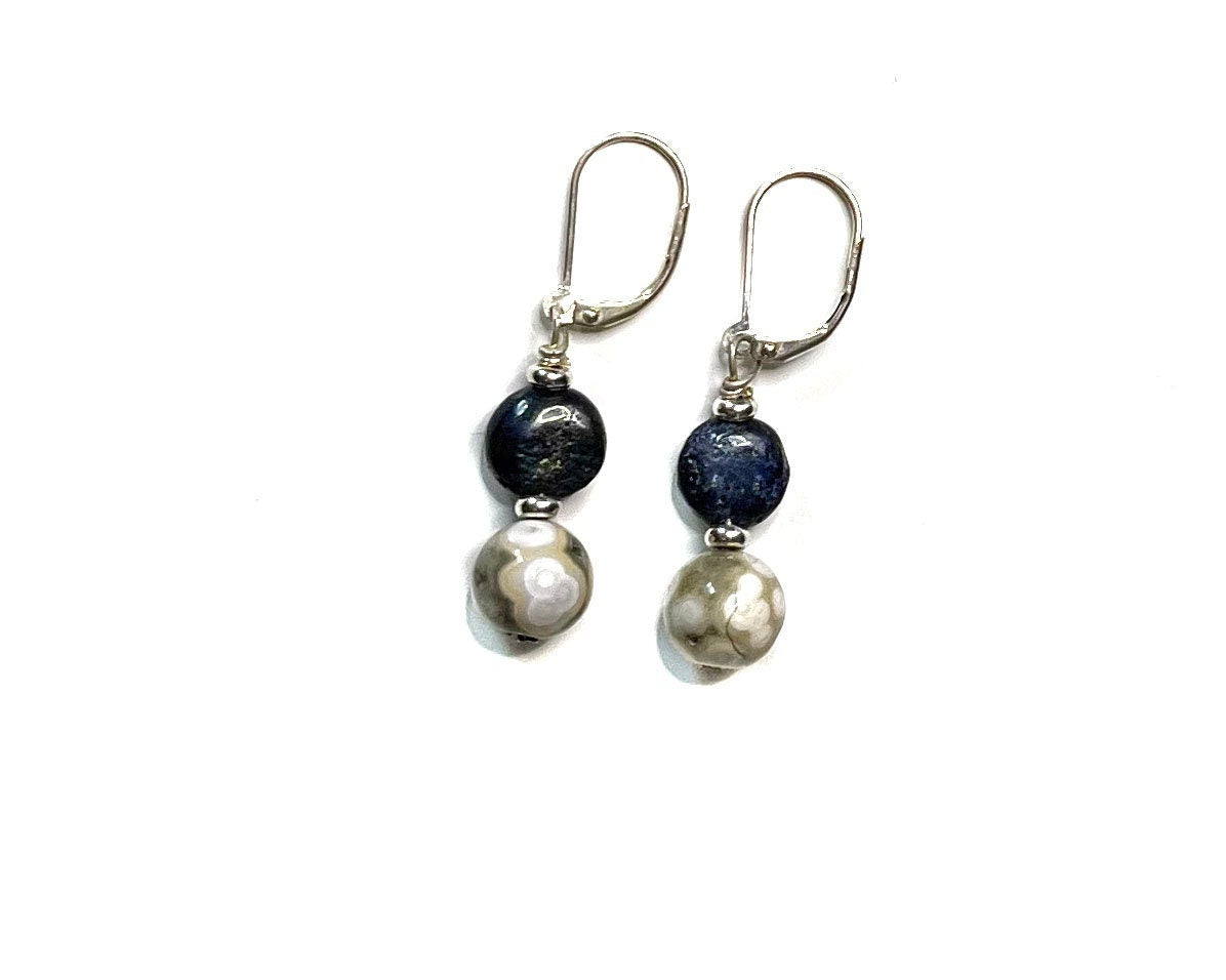 Rare Orbicular Jasper and Lapis Lazuli stone earrings, artisan-designed and handcrafted, perfect for minimalist style and spiritual jewelry gift.