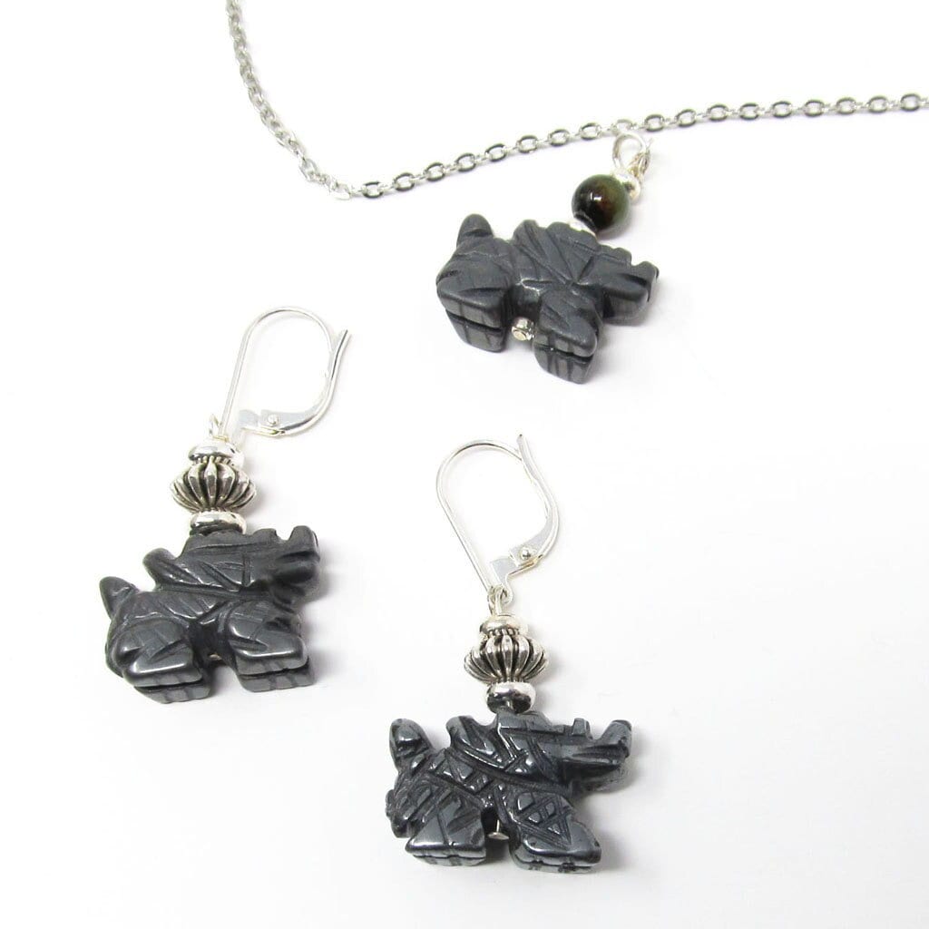 Dragon Jewelry - Carved Black Stone Earrings featuring unique dragon design and shimmering black hematite, perfect for fantasy lovers and as a gamer gift.