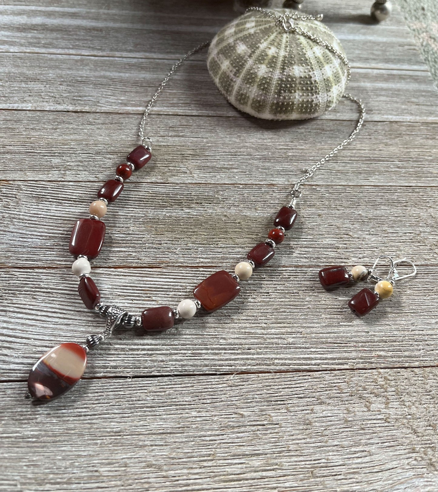 Moukaite Jasper Sunrise and Sunset Necklace showcasing unique natural pendant design.