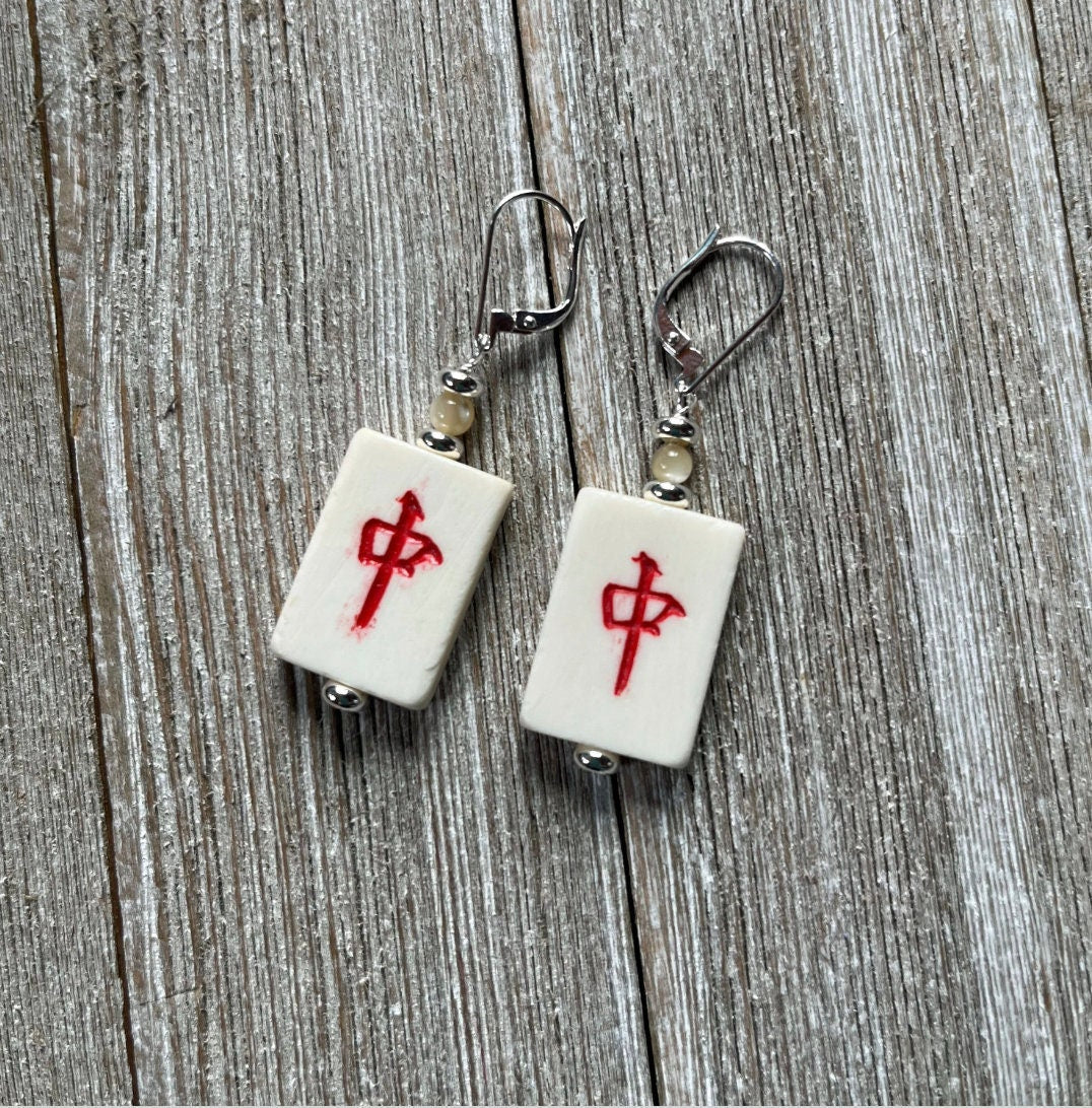 Mahjong Tile Earrings featuring Red Dragon design, a perfect gift for Mahjong players or moms who enjoy the game.