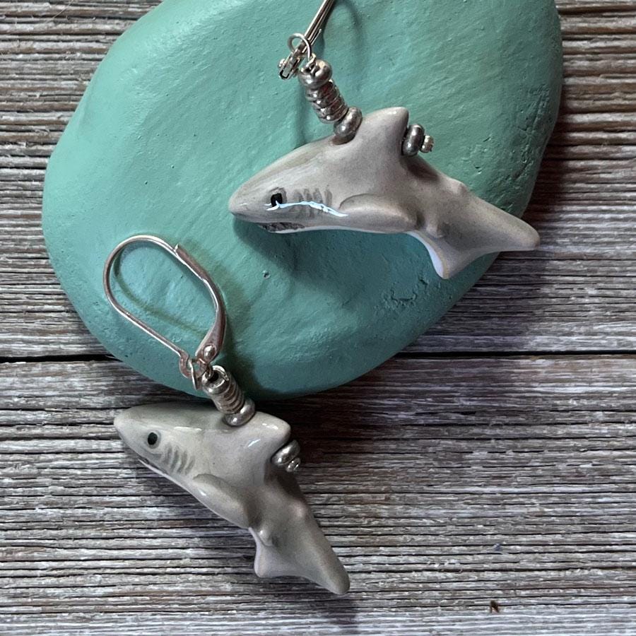 SHARK EARRINGS - Handmade ceramic shark jewelry, fun accessory for marine enthusiasts and animal lovers.