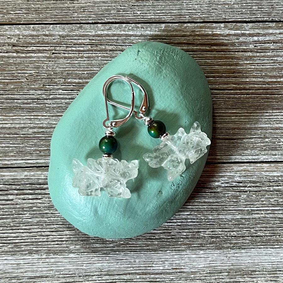 Model wearing Dragon Earrings - Carved Clear Quartz Stone Earrings, demonstrating the stunning look and feel of these fantasy earrings, great for any occasion.