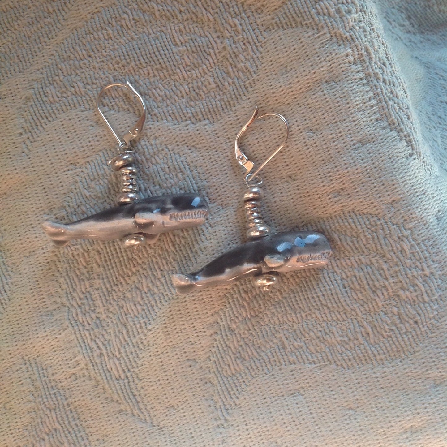 Sperm Whale Earrings - Beautifully designed exotic animal earrings showcasing hand painted sperm whales with sterling silver ear wires.