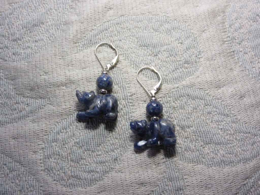 Sodalite bear earrings dangling elegantly from sterling silver lever backs, an ideal jewelry gift for those who adore animal-themed accessories.