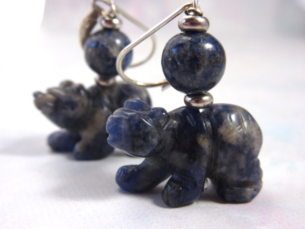Sodalite bear earrings, a unique jewelry gift for animal lovers, showcasing carved sodalite bears with dark blue color and lever back ear wires.