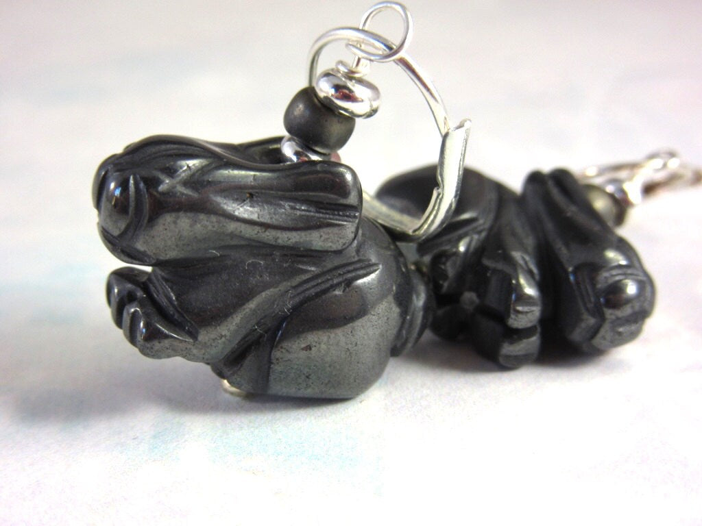 RABBIT EARRINGS - Unique handmade stone bunny earrings with lever back wires, ideal spring accessory for animal lovers.