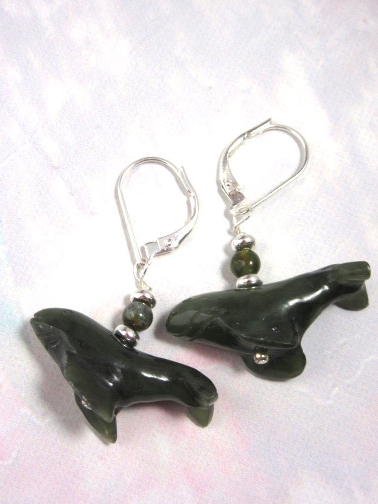 Artistic design of Humpback whale animal earrings, crafted from nephrite stone.