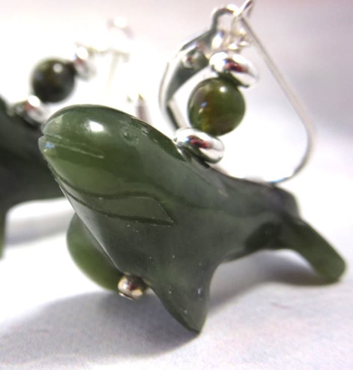 Humpback whale animal earrings made of nephrite stone, perfect gift for whale lovers.