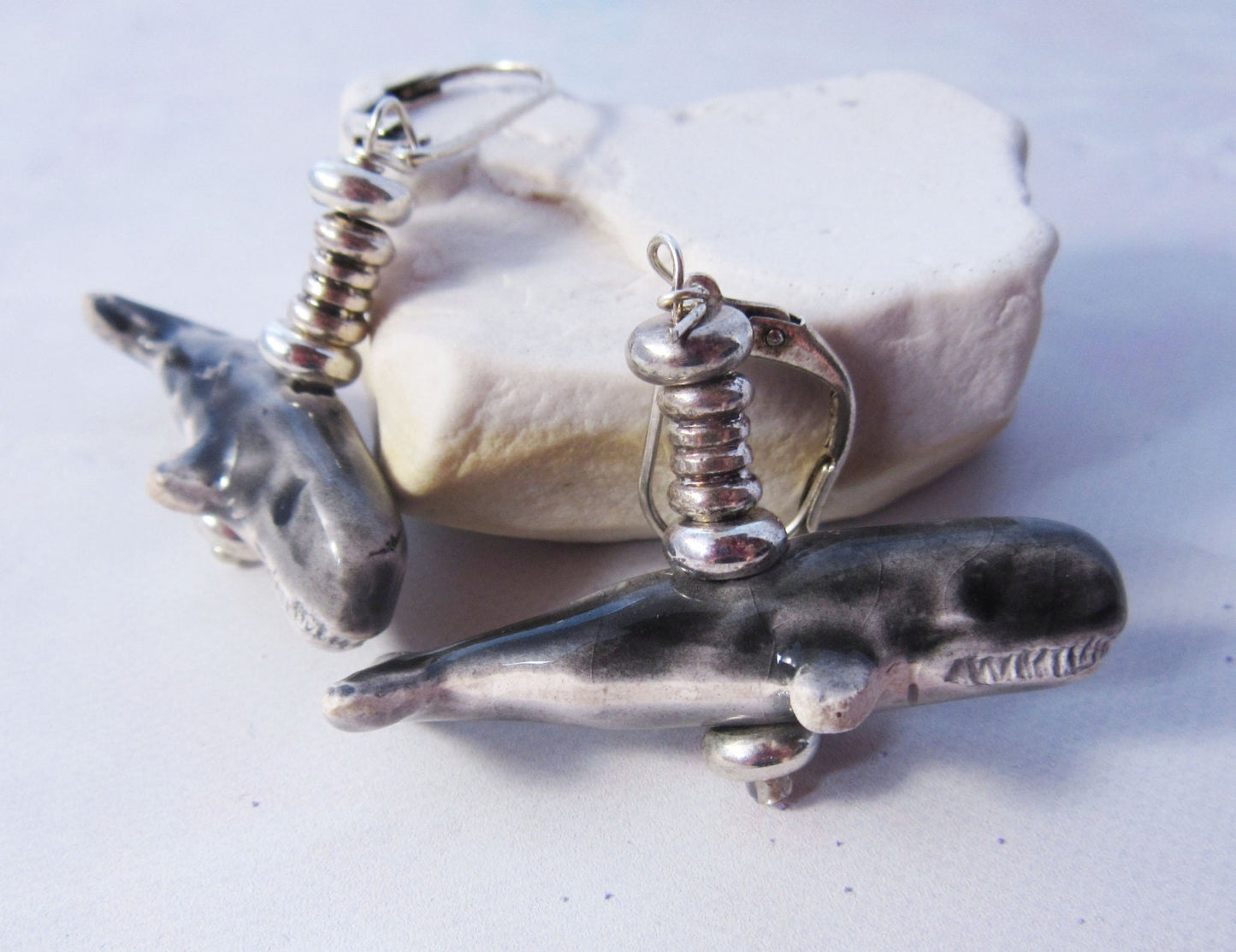 Sperm Whale Earrings, unique ocean themed jewelry gift hand painted with sterling silver ear wires for ocean lovers.
