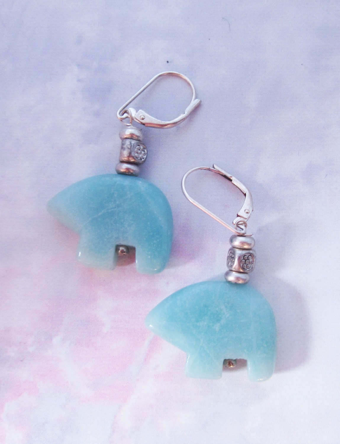 Model wearing Sky Blue Bear Earrings - Zuni Style Amazonite Earrings, demonstrating the elegant and calming effect of the blue stone earrings.