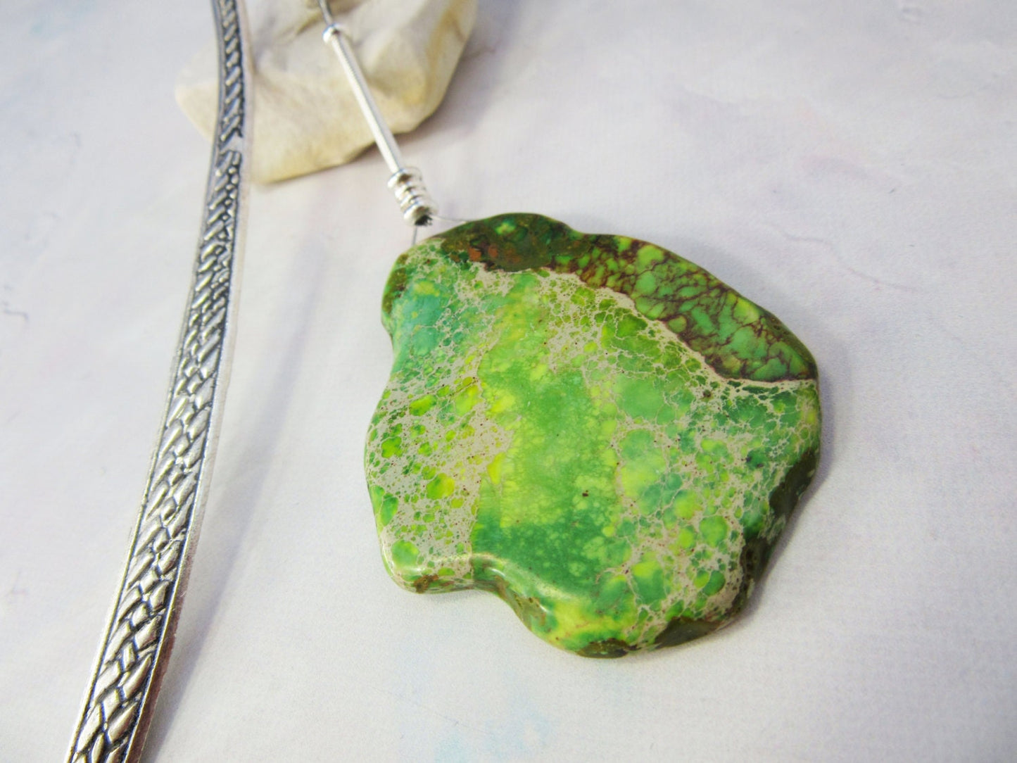 Unique Decorative Green Impression Jasper Metal Bookmark designed for book readers, combining luxury with functionality in an eye-catching design.