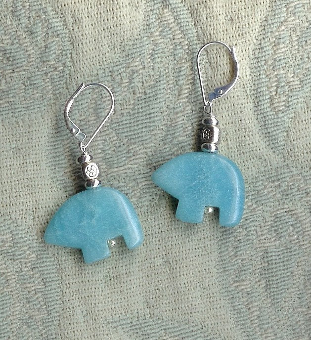 Sky Blue Bear Earrings showcasing unique Zuni style amazonite design with blue stone and bead accents, ideal for animal lovers and jewelry enthusiasts.