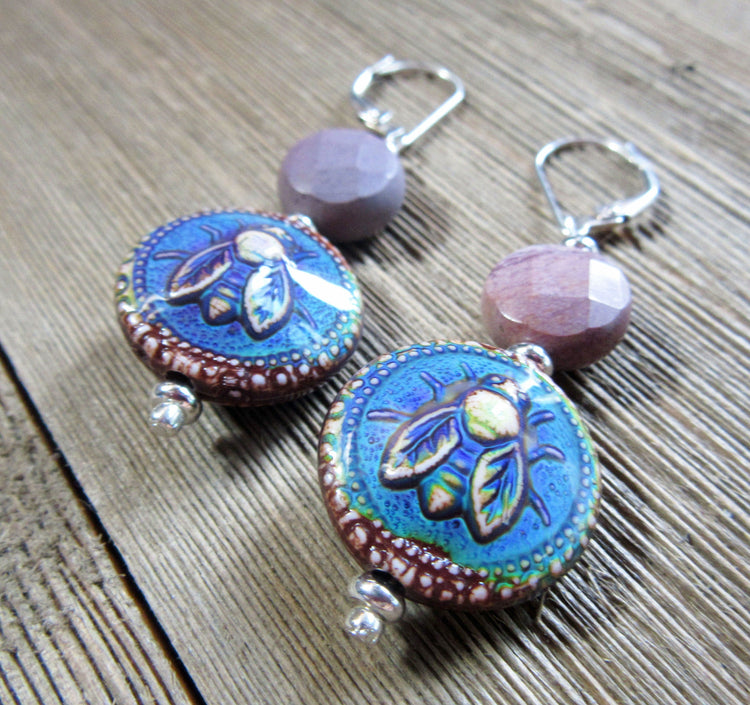 Bee Earrings with Natural Stone Moukite Accent Bead, handmade honeybee jewelry featuring color-changing mood bead.