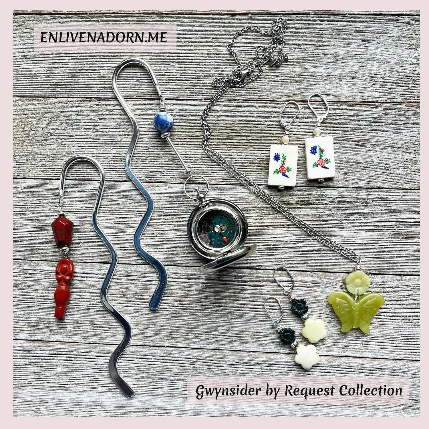 Floral Botanical Gifts collection featuring a variety of handcrafted jewelry including an Amethyst Aromatherapy Pendant, unique earrings, and stylish accessories designed to enhance tranquility and natural beauty.