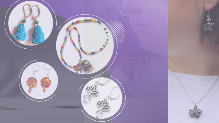 Artisan Designed Gifts collection featuring handcrafted jewelry including turquoise earrings, colorful beaded necklaces, and elegant lotus pendants, showcasing unique artistry perfect for distinctive decor and thoughtful presents.